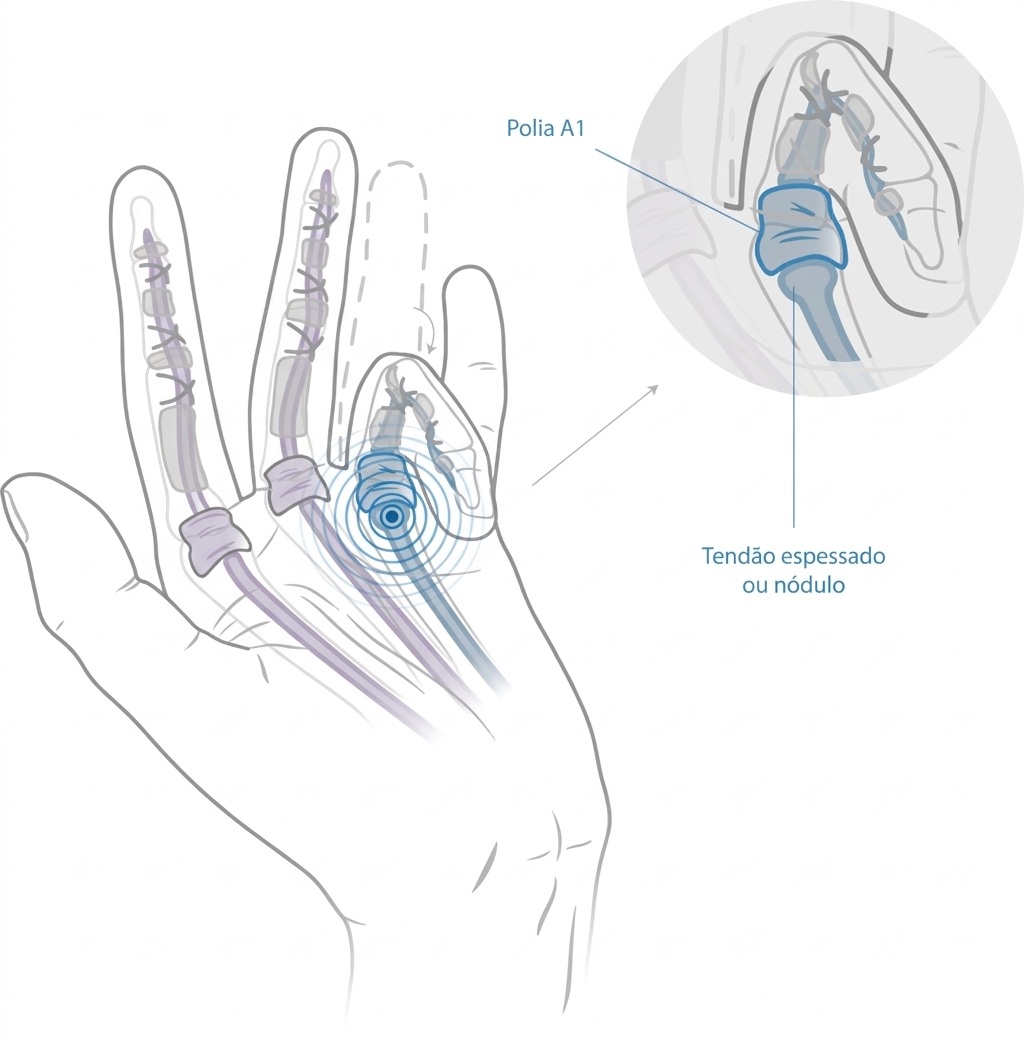Ilustração anatômica do dedo em gatilho, mostrando a polia A1 e o tendão flexor espessado