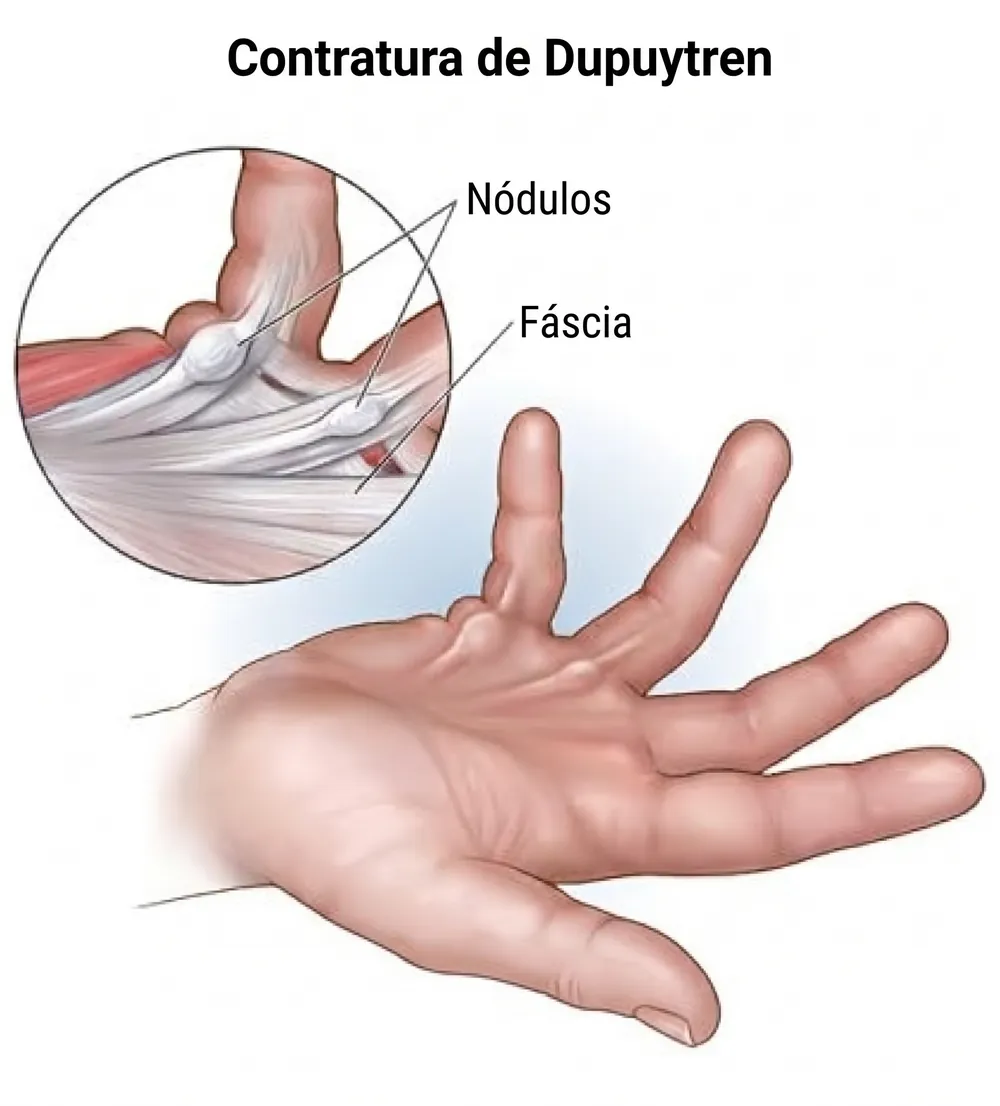 Ilustração da etiologia e dos fatores associados à doença de Dupuytren