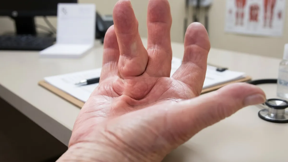 Consulta com avaliação da mão com dedo flexionado em direção à palma, sinal típico da doença de Dupuytren